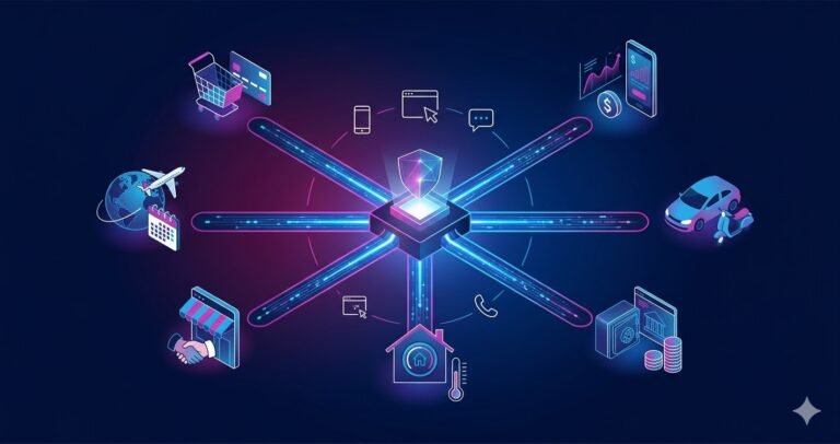 Embedded insurance ecosystem diagram showing API connections between digital platforms, insurers, and omnichannel customer touchpoints